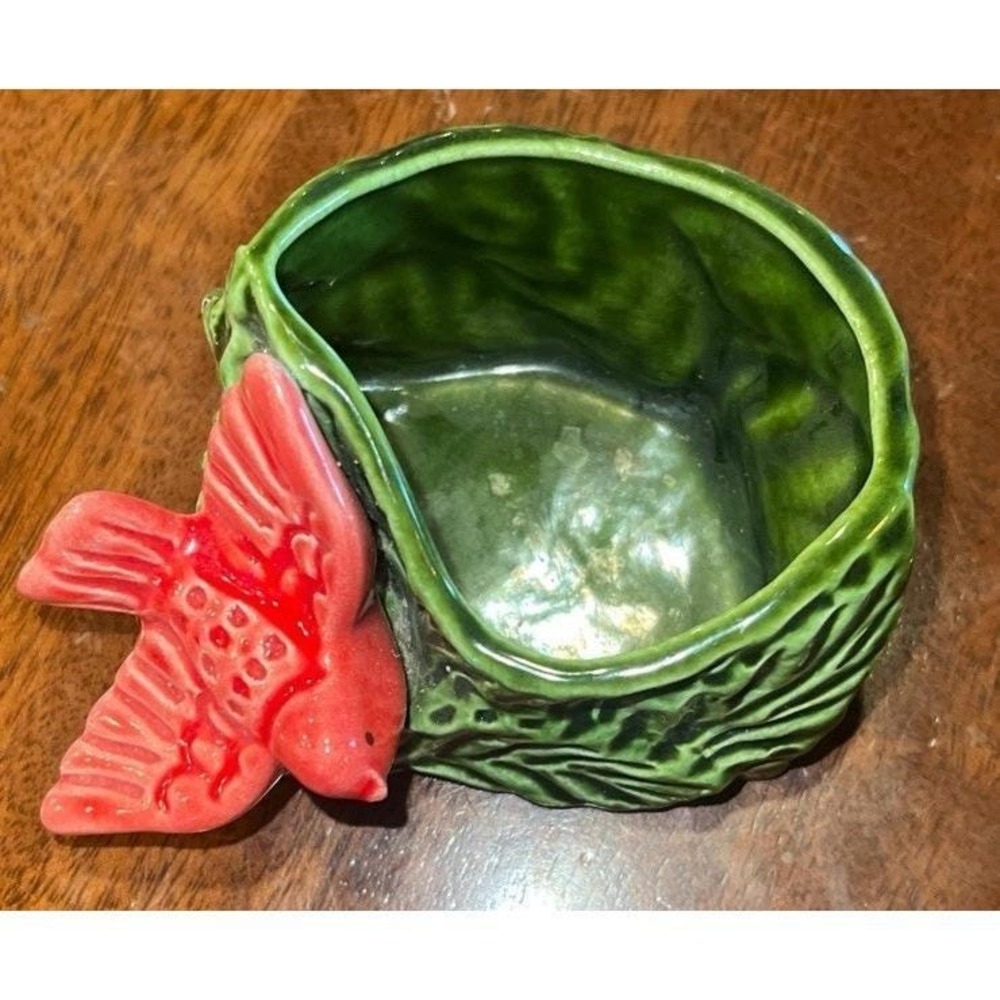 VTG‎ 70s ceramic red bird nest planter scouring pad California pottery boho